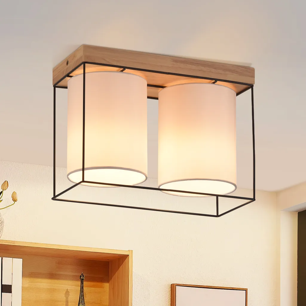 Plafonnier Bois et Tissu Design Vintage 2 Flammes E14 Style Rétro Cuisine