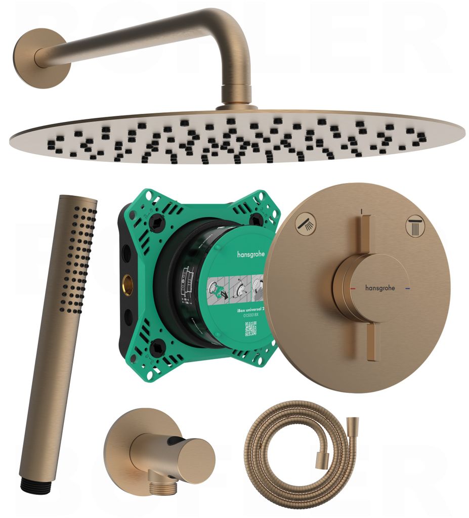 A collection of shower system components laid out against a white background.