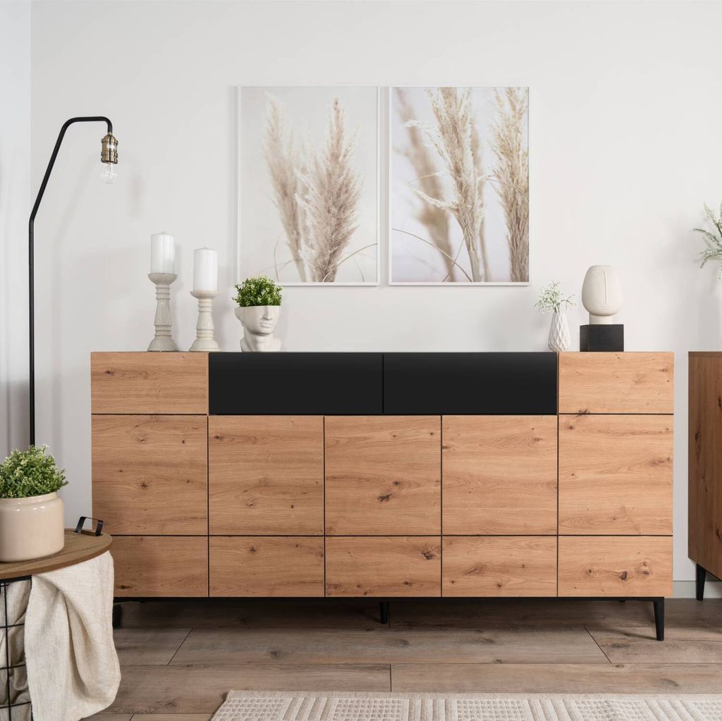 Homestyle4u Sideboard Kommode Eiche Holz Braun Schwarz Wohnzimmerschrank Anrichte Schrank