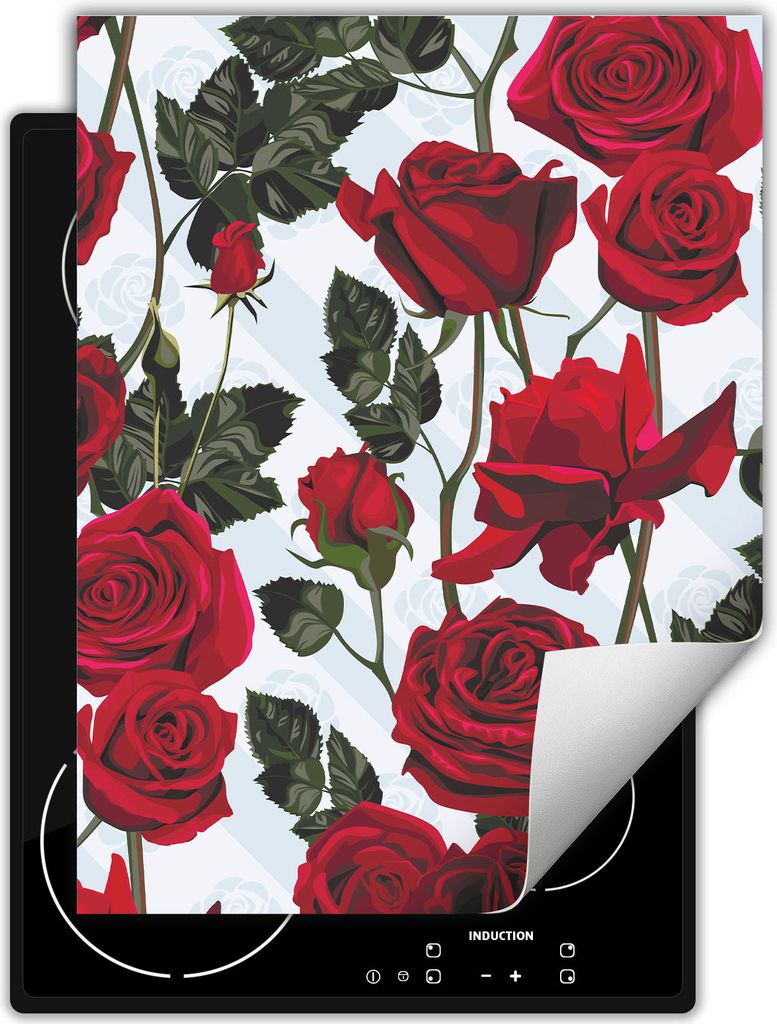 DarHaus Herdabdeckplatte Einteilig Küche Abdeckplatte für Glaskeramikkochfeld Abdeckung Induktionskochfeld Aufrollbare Matte 40x52 cm, rote - Rosen