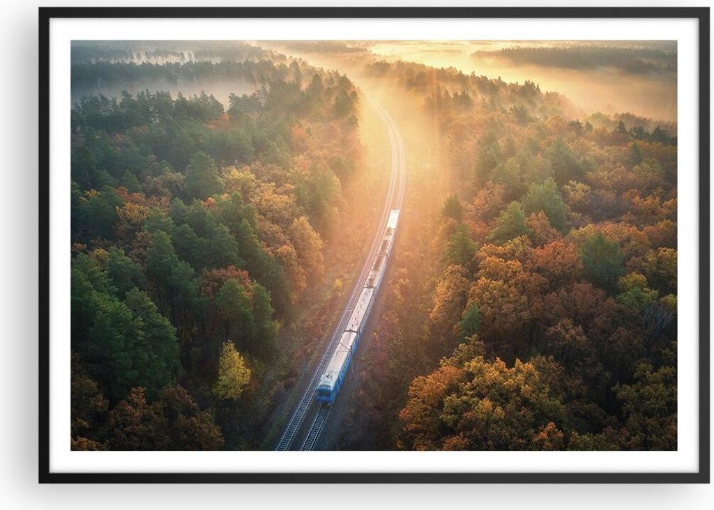 Gerahmtes Poster - Schwarzer Rahmen - Bahn Herbst So - 100x70 cm - Wand Bild - Wanddeko - Wandbilder - Kunstposter - Wandposter - Bilderrahmen - Bi...