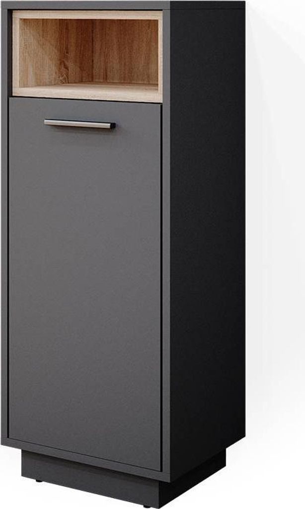 A tall, narrow cabinet with a gray door and a wooden shelf compartment.