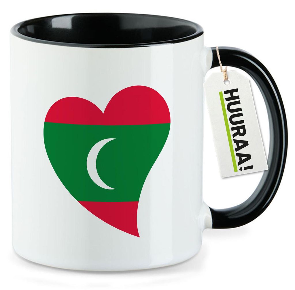 Huuraa Kaffeetasse Malediven Flagge Herz 330ml Schwarz Keramik Kaffeebecher Geschenkidee