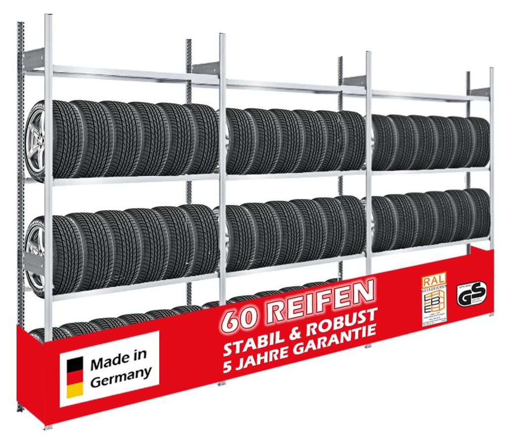 Reifenregal TIRE PRO Germany | Komplettregal | HxBxT 250x390x43cm | 150kg Fachlast | bis zu 60 Reifen auf 4 Ebenen | Verzinkt