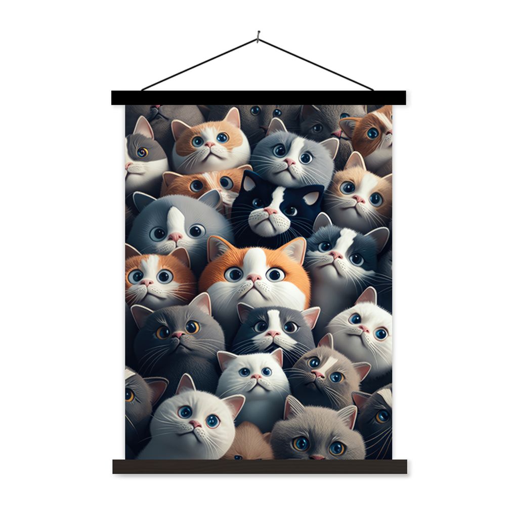 MuchoWow Textilposter Katze - Tiere - Katze - Grau - Muster - Kind 120x160 cm mit schwarzem Rahmen - Magnetischer
