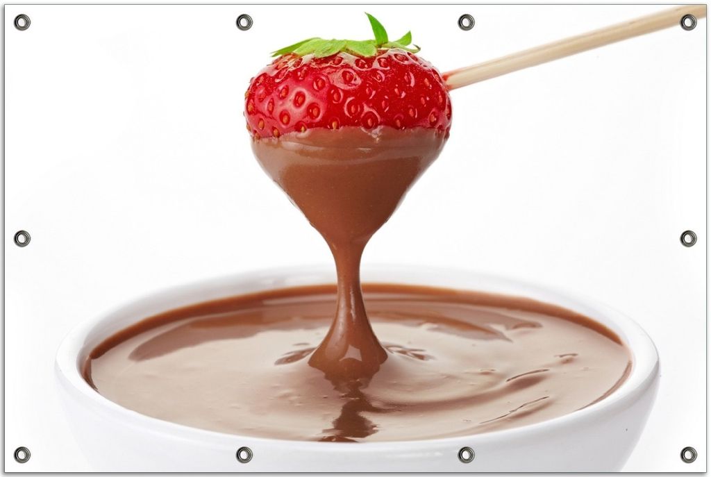 Wallario Outdoor-Poster für Garten oder Balkon, Motiv Schoko-fondue mit Erdbeer am Stiel, in ca. 80 x 120 cm