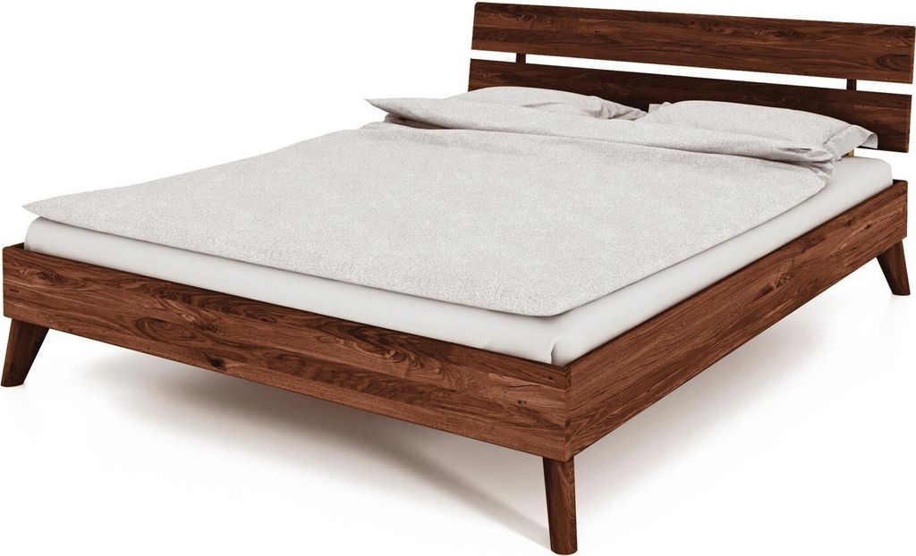 Bett Gerg 2 Wildeiche massiv choco 180x200 cm mit Holzkopfteil und Holzbeinen