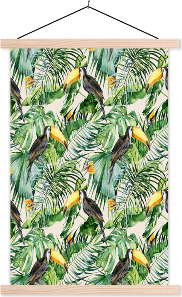 MuchoWow Textilposter Blumen - Vogel - Tukan 120x180 cm mit holzfarbenen Rahmen - Textil-Plakat