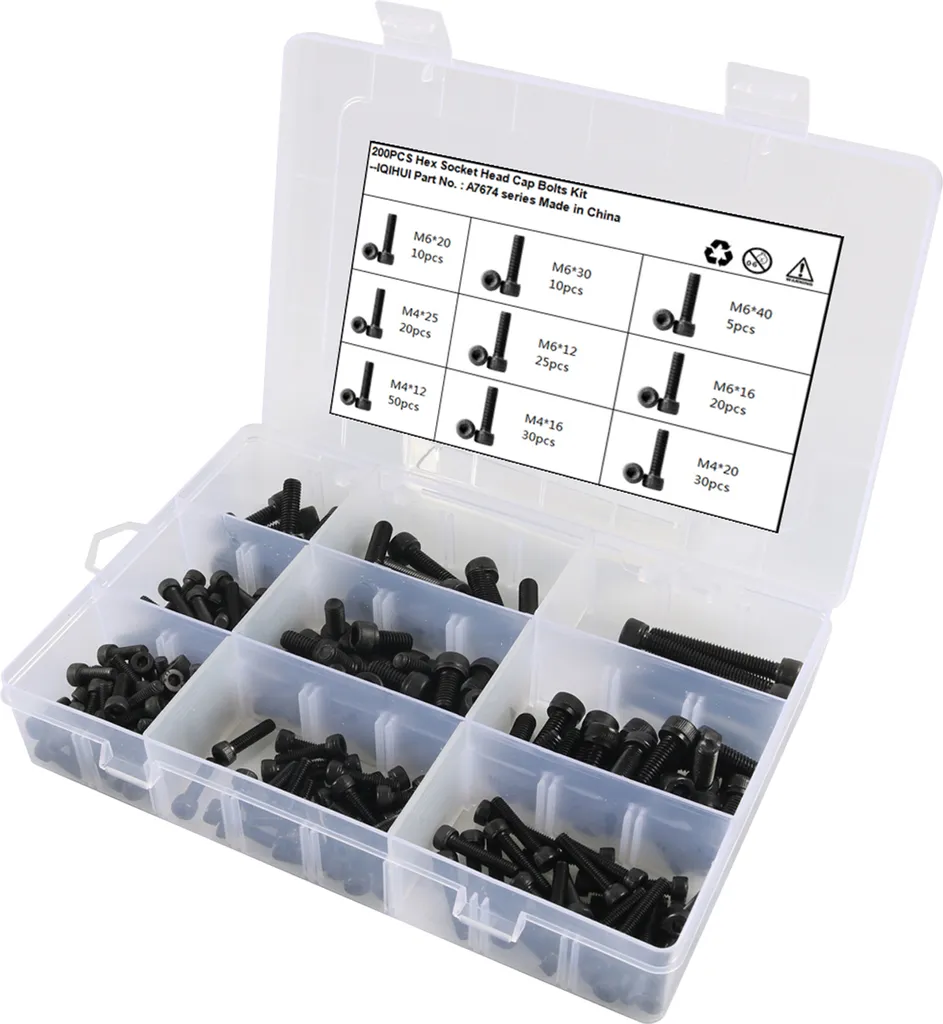 Assortimento 200pz Viti a Brugola Nere 12.9 - Kit Manutenzione Casa