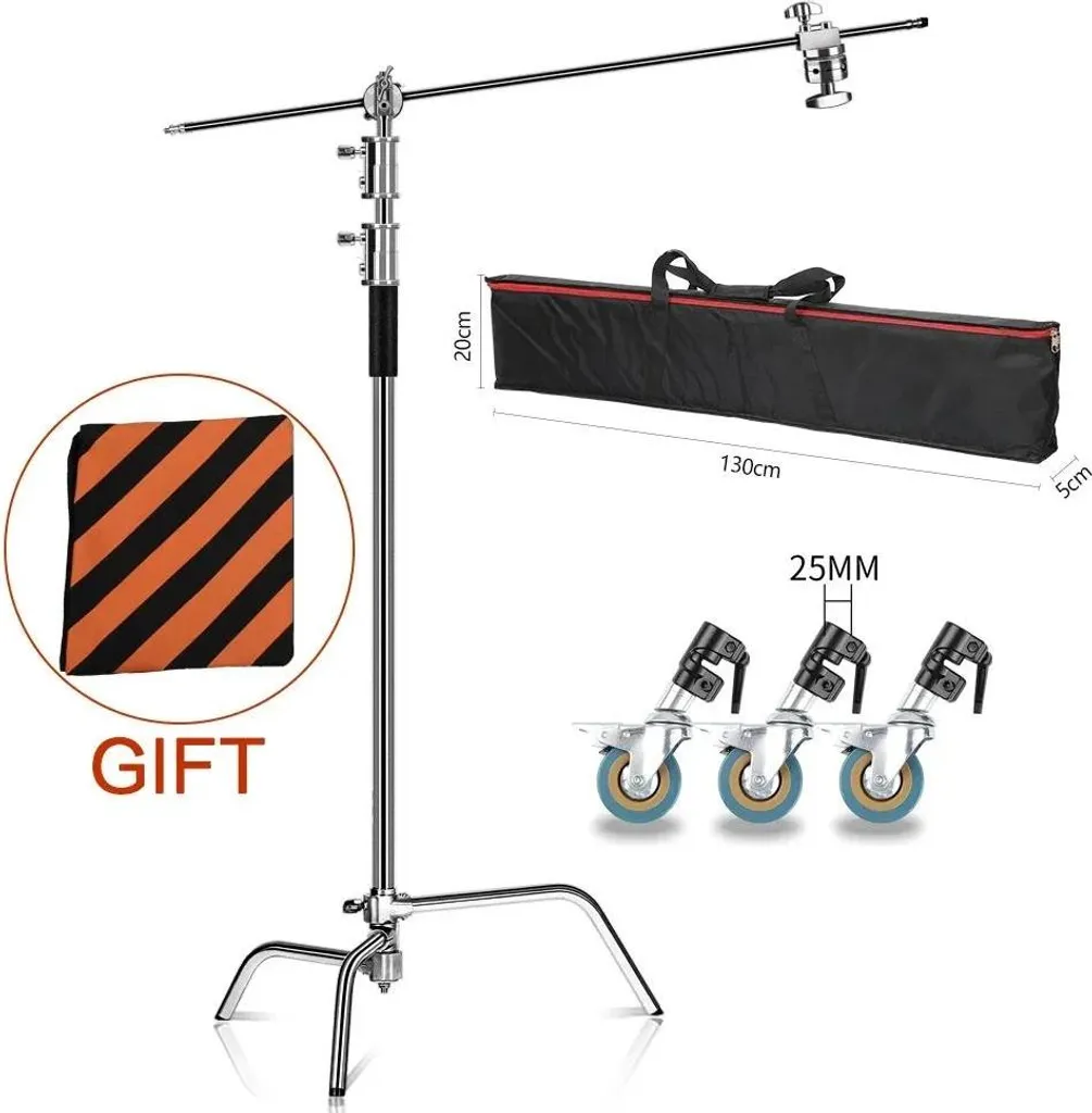 Trépied de studio à roulettes 260cm en acier argenté pour projecteur