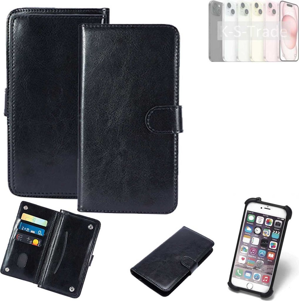 K-S-Trade 360° Hülle kompatibel mit Apple iPhone 15 schwarz Kunstleder Case BookCase WalletCase Kunstlederederhülle Handyhülle, Rundumschutz