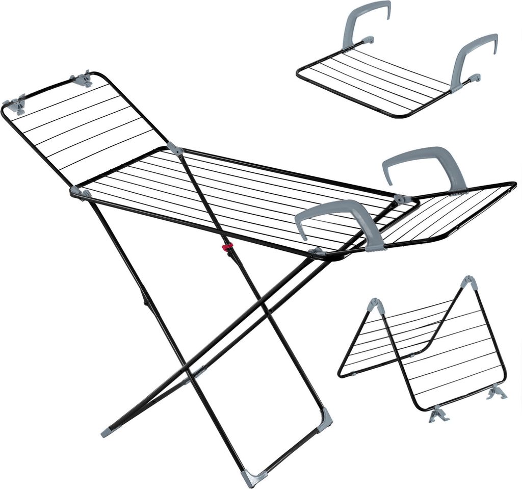 A white background with a foldable clothes drying rack and two smaller attachments.