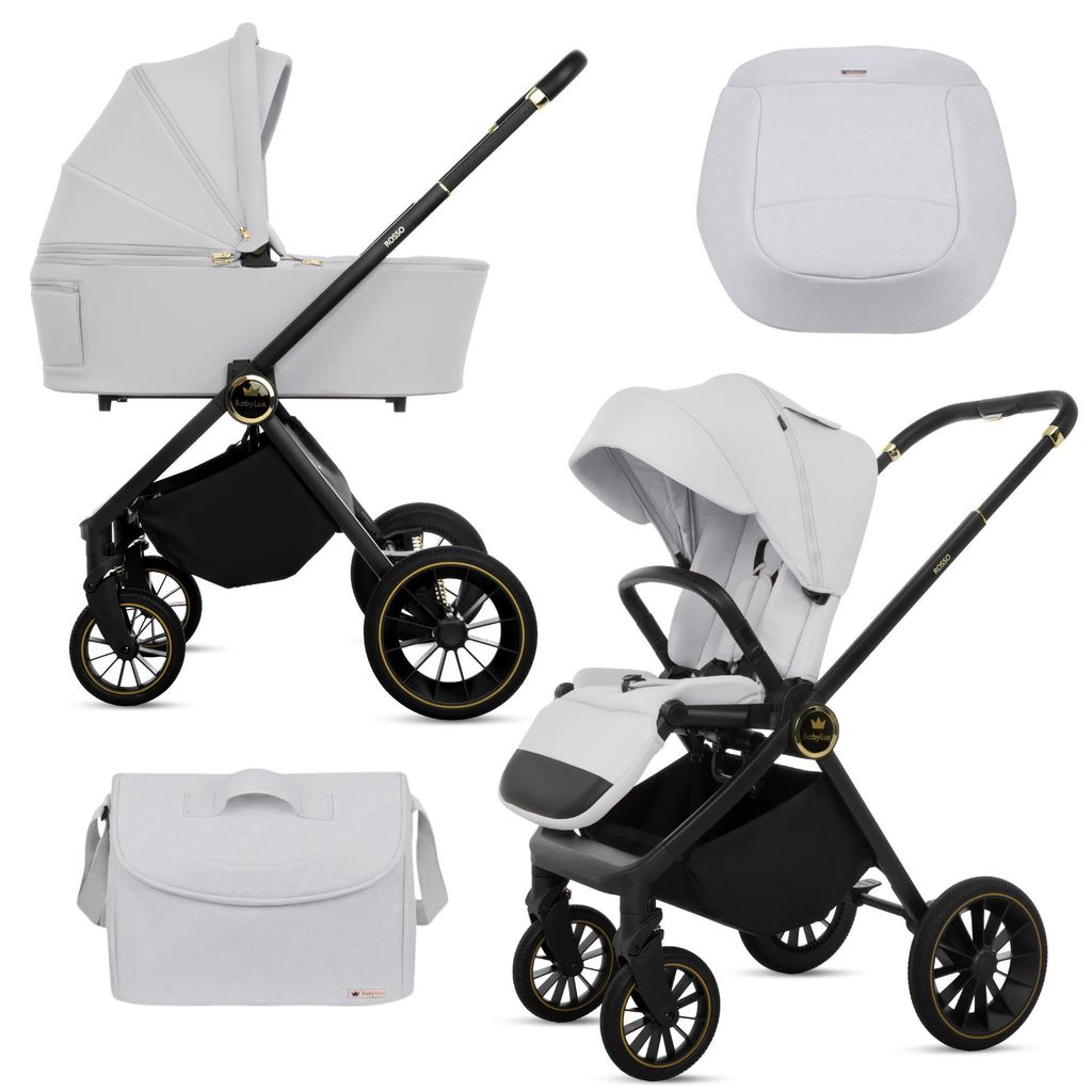 BabyLux Kinderwagen 2in1 ROSSO, Silber. Faltbar Leicht Kombikinderwagen Set incl. Babywanne, Buggy Sportsitz, Wickeltasche und mehr Zubehör