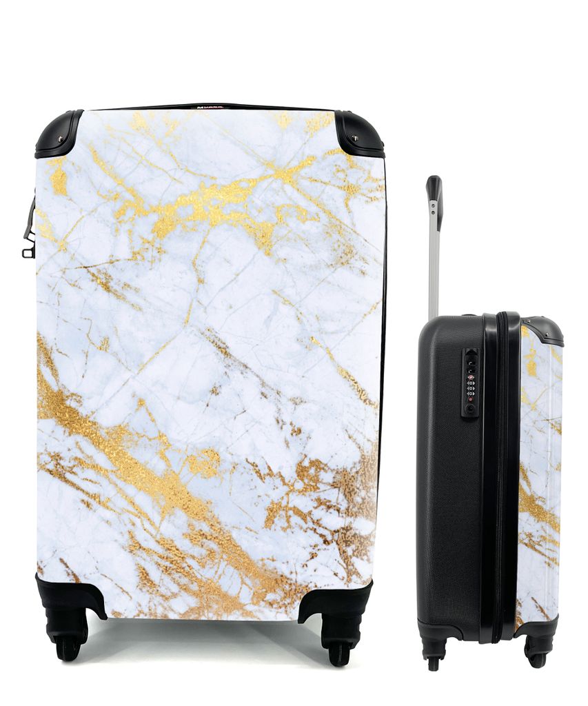 MuchoWow Koffer Handgepäck Trolley Rollkoffer Kleine Reisekoffer mit 4 Rollen - Marmor - Gold - Weiß - Luxe - Marmoroptik - Glitzer - Cabin Siz...