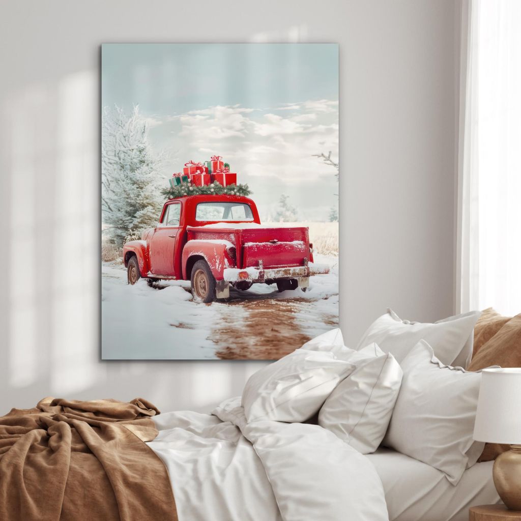 MuchoWow Wanddekoration Metall Metallbild Wandkunst 90x120 cm Auto - Rot - Geschenke - Winter - Schnee - Weihnachten MuchoWow Aluminium Gemälde - ...