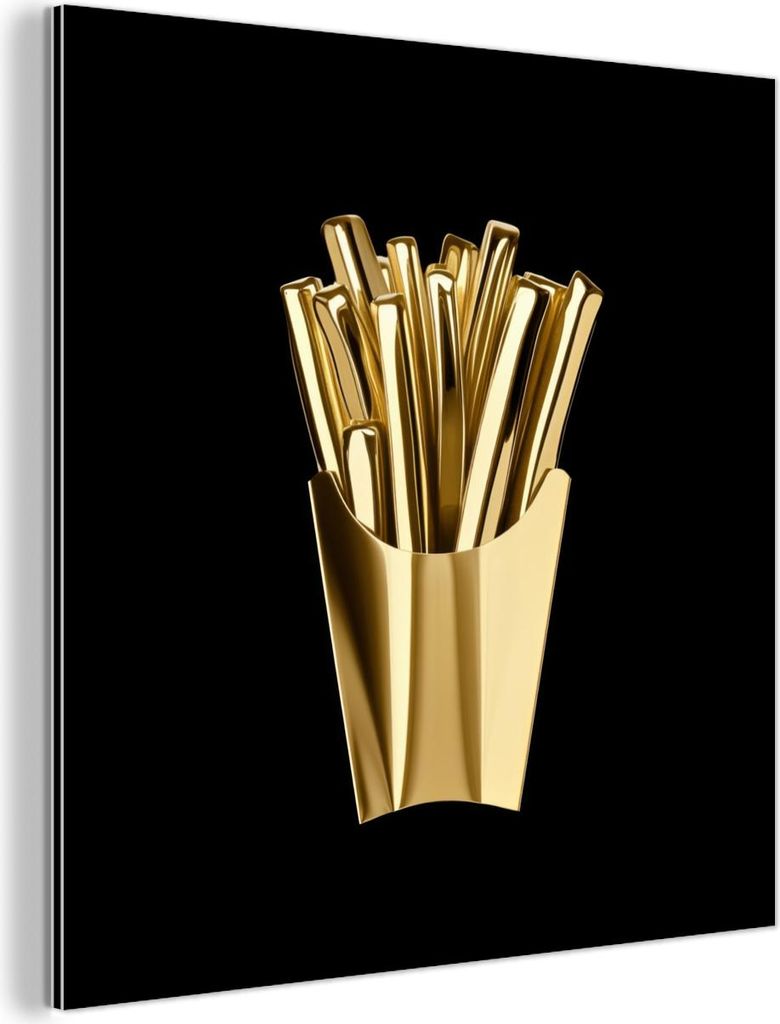 MuchoWow Wanddekoration Metall Metallbild Wandkunst 90x90 cm Pommes frites - Gold - Chrom - Lebensmittel MuchoWow Aluminium Gemälde - Dekoration -...
