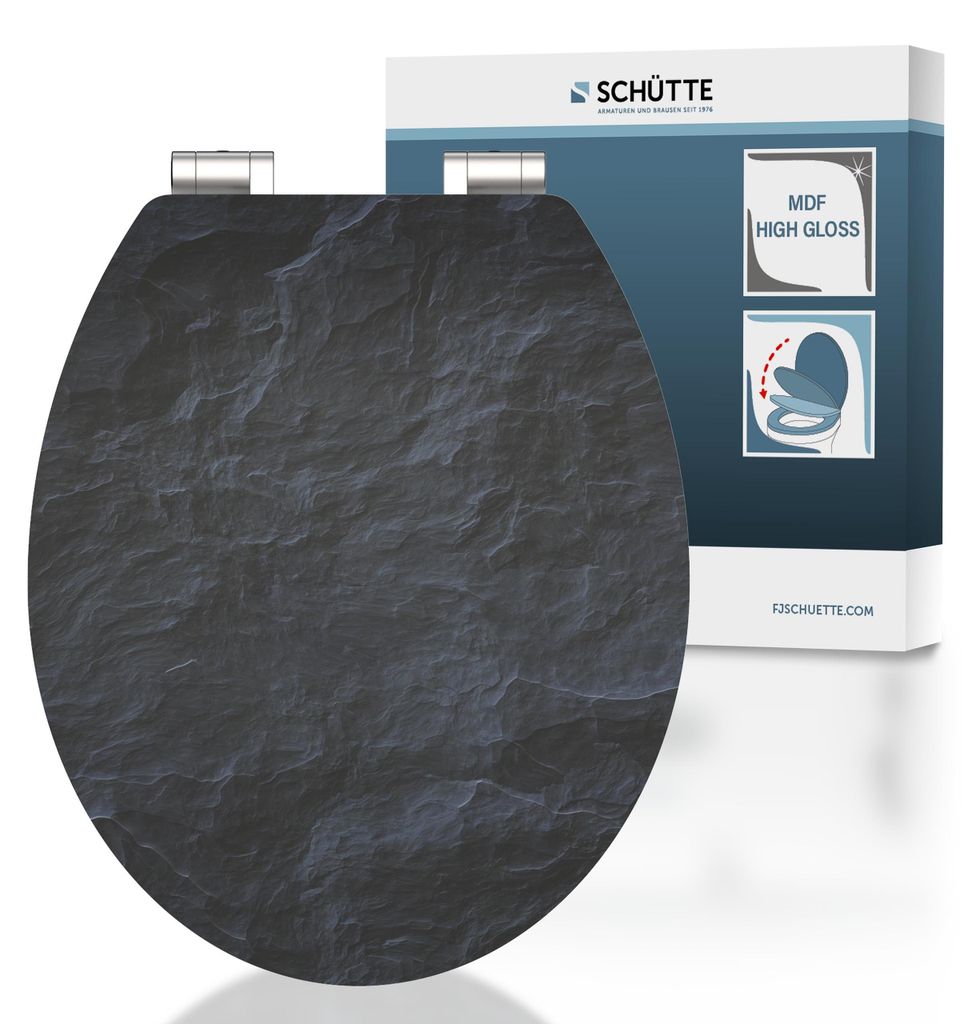 SCHÜTTE WC Sitz BLACK STONE High Gloss mit MDF Holzkern, hochglänzender Toilettendeckel mit Absenkautomatik, Klobrille