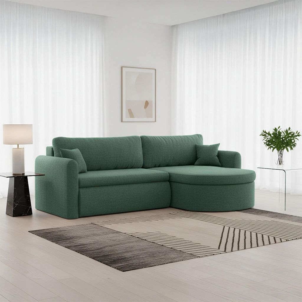 Ecksofa Schlafsofa FELIZ Stoff Faro Grün Ottomane Rechts