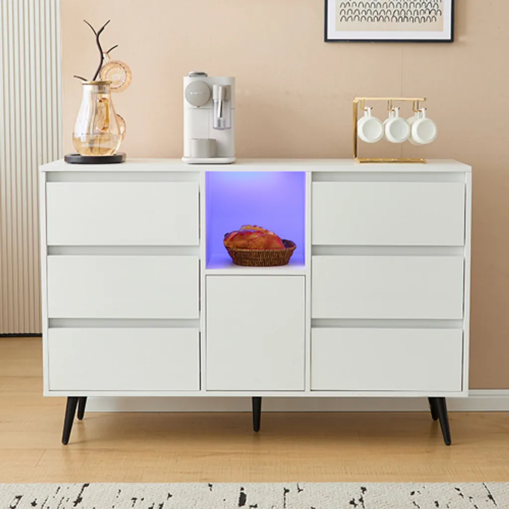 Bahut de Salon Blanc Moderne avec Éclairage LED et Rangement Malin