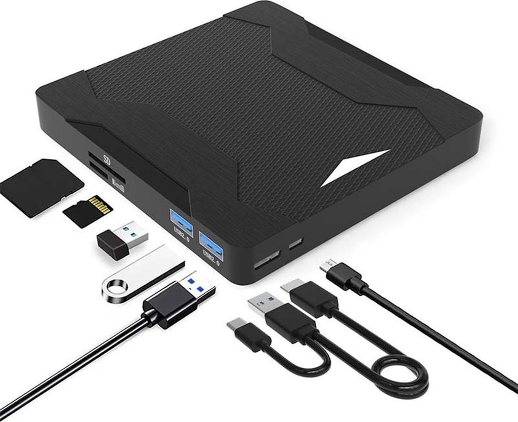 Externes CD DVD VCD Laufwerk 5 in 1, USB 3.0 & Typ C tragbarer Player Brenner, Ultra Slim, mit SD/TF Kartenleser, für Laptop PC MacBook Windows Linux