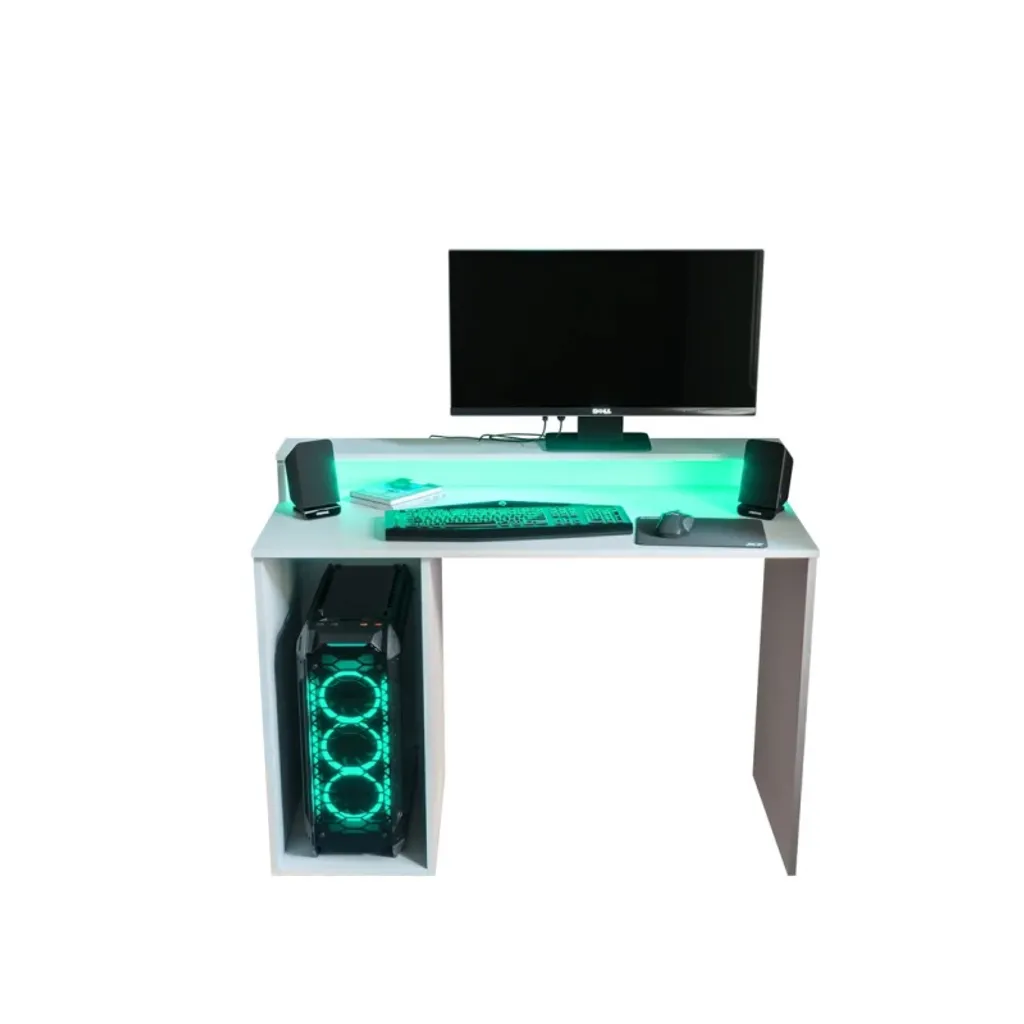 Bureau blanc design LAMAR 2 avec bandeau LED intégré et grand plateau
