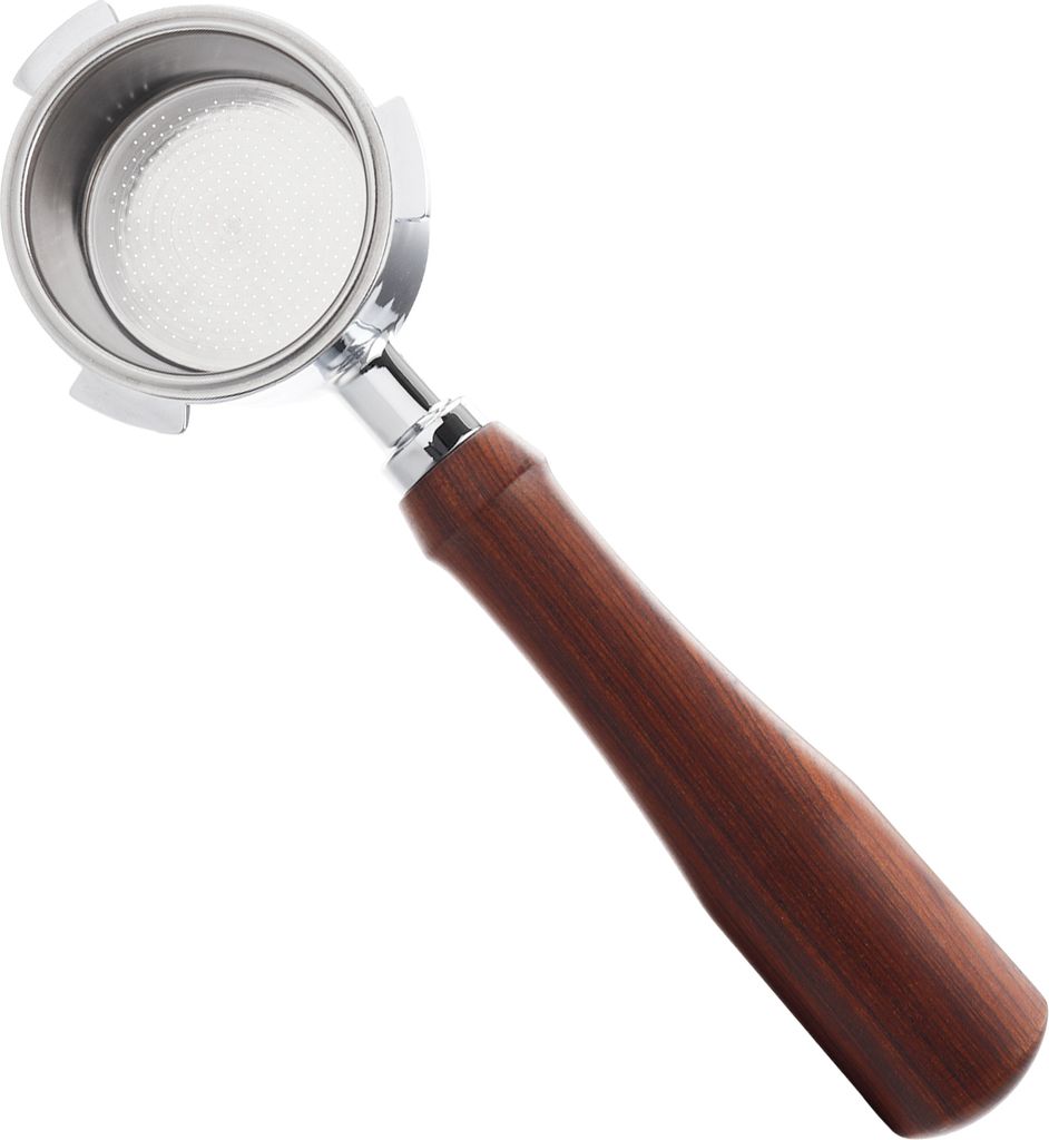 A portafilter with a wooden handle against a white background.