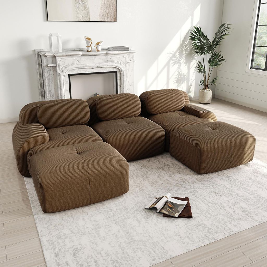 3-Sitzer-Sofa aus Cord, modulares Bodensofa, U-förmige Sitzgruppe, rahmenlose Sofas mit geschwungenen Armlehnen und rutschfester Unterseite, braun