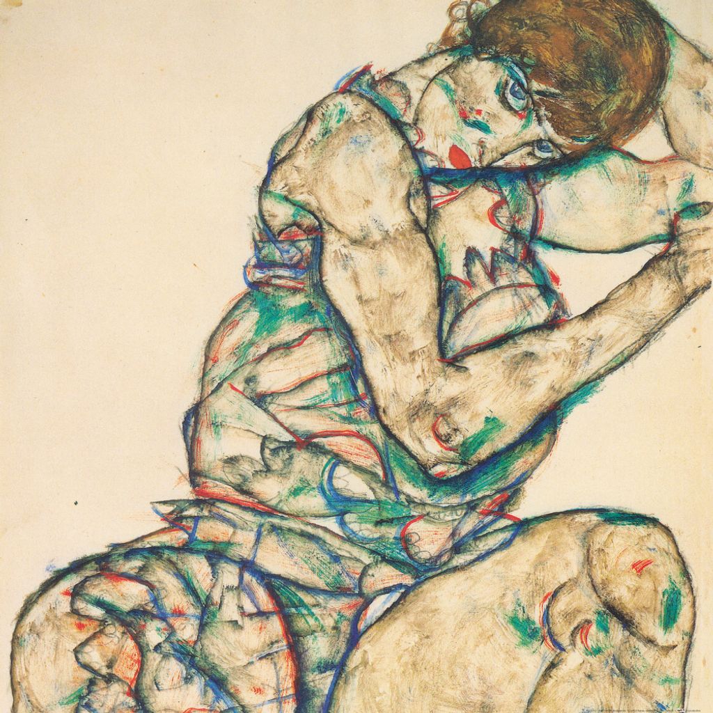 Egon Schiele Kunstdruck Bild - Sitzende Frau Mit Linker Hand Im Haar, Sitzender Halbtakt, 1914 (70 x 70 cm)