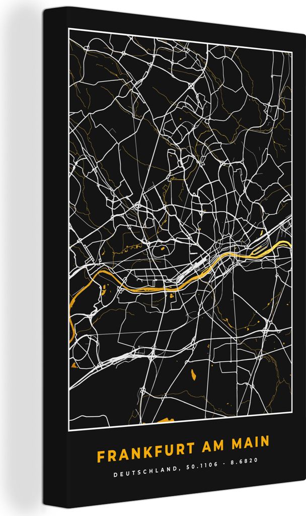 OneMillionCanvasses - Leinwandbilder - 90x140 cm, Frankfurt Am Main - Gold - Stadtplan - Karte - Deutschland, Wandbilder Kunstdruck Wanddekoratio...
