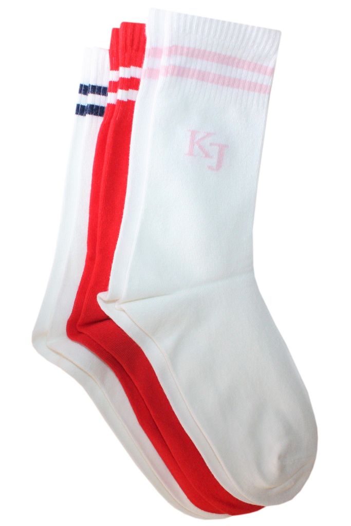Damen Sport Socken 3-er Pack aus Baumwolle Zwei Ringel Weiß-Rot Größe 35-38