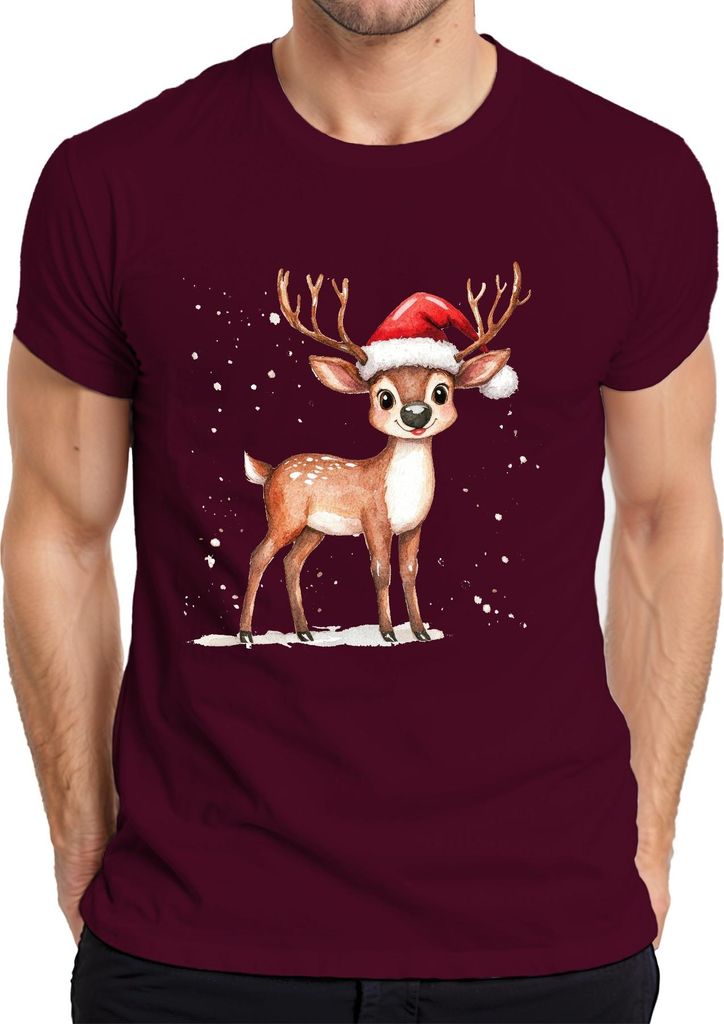 Weihnachtsrentier Niedliches Aquarell Kinder Geschenk Winter Süß Herren T-Shirt, Burgundy, L