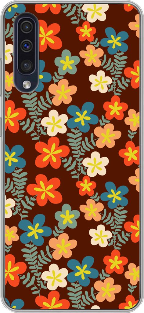 MuchoWow Handyhülle Schutzhülle Hülle für Telefoonhoesje Samsung Galaxy A50 Retro - Muster - Blumen - 1970er Jahre Silikon Softcase Handy Hü...