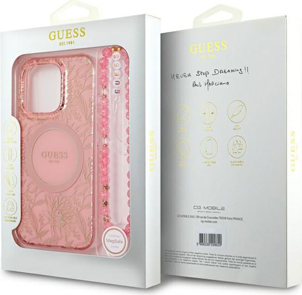 Guess GUHMP16LHCPOFPP iPhone 16 Pro 6,3" rosa/rosa Hardcase IML Flowers Allover Electro With Pearl Strap MagSafe Schutzhülle