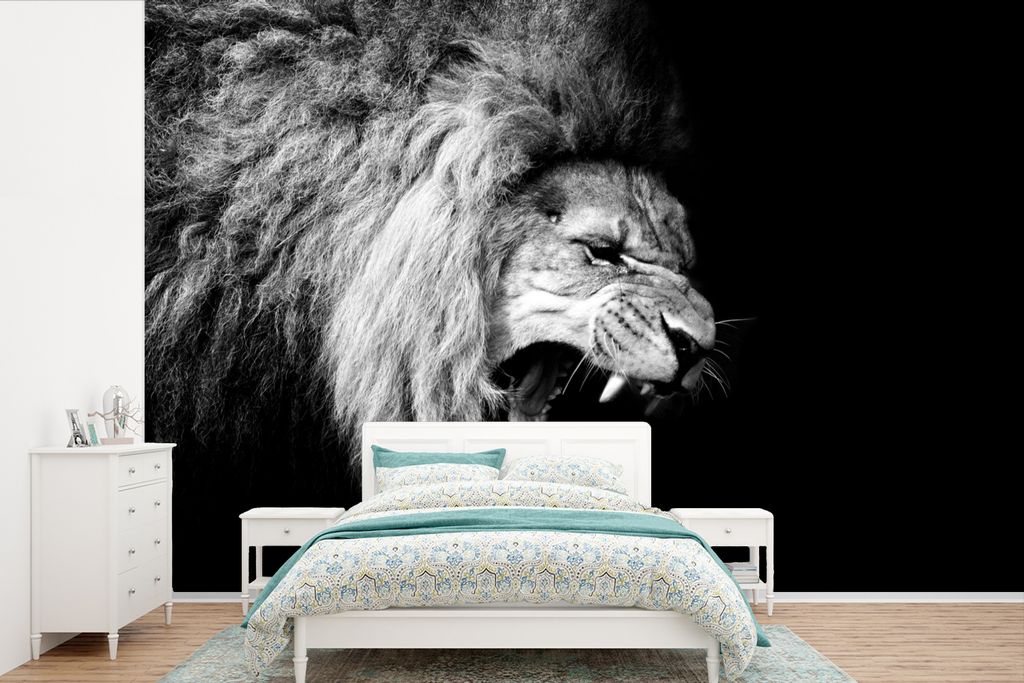 MuchoWow Fototapete für Wohnzimmer oder Schlafzimmer Wandtapete Vinyl Motivtapete Löwe - Porträt - Schwarz - Weiß - Tiere - 390x260 cm - Papi...