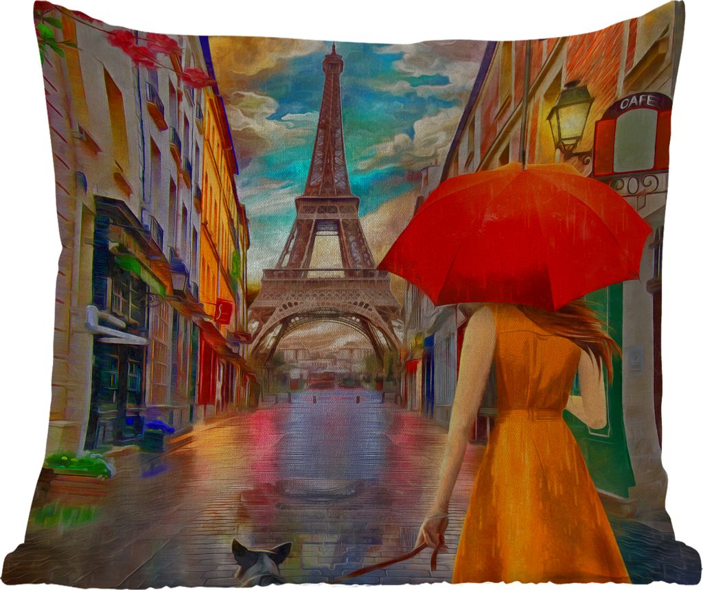 MuchoWow Outdoor Kissen - Gemälde - Ölfarbe - Frau - Hund - Paris - 45x45 cm - Wetterfest - Lounge Kissen - Fotokissen - Dekoratives Kissen