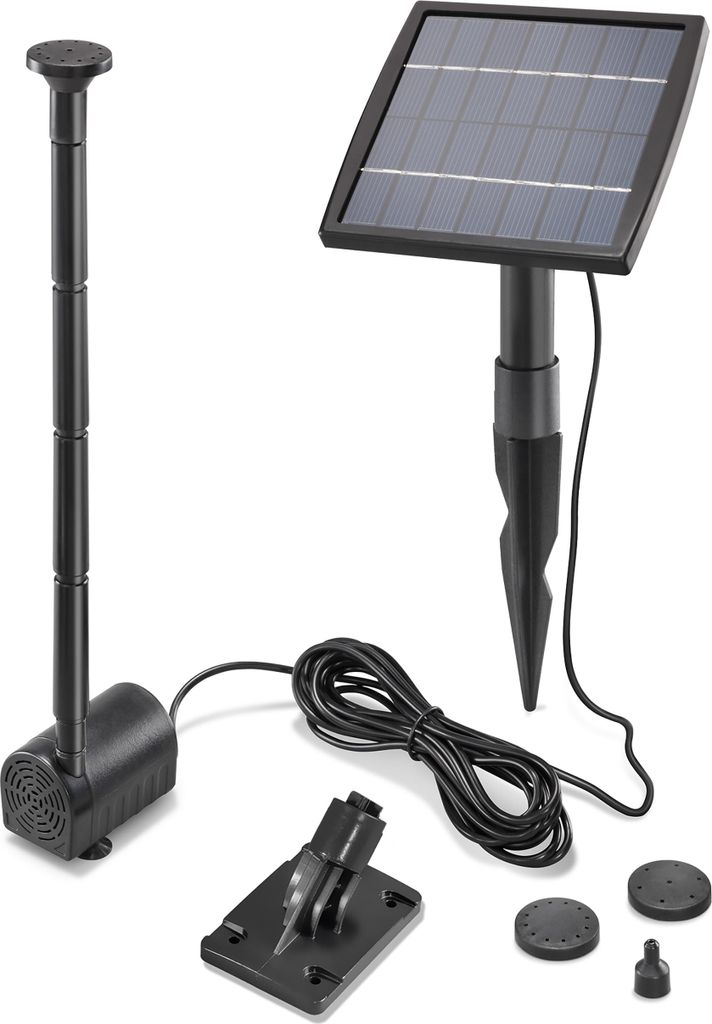 A solar-powered fountain pump kit with accessories, laid out on a white background.