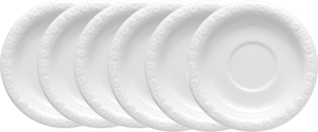 A set of white saucers arranged in a slight overlap.