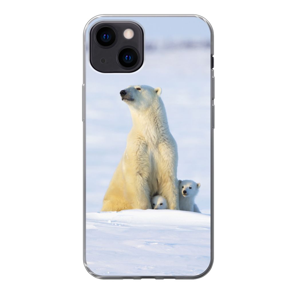 MuchoWow Handyhülle Schutzhülle Hülle für iPhone 13 Eisbär - Schnee - Jungtiere Silikon Softcase Handy Hülle - Karteninhaber