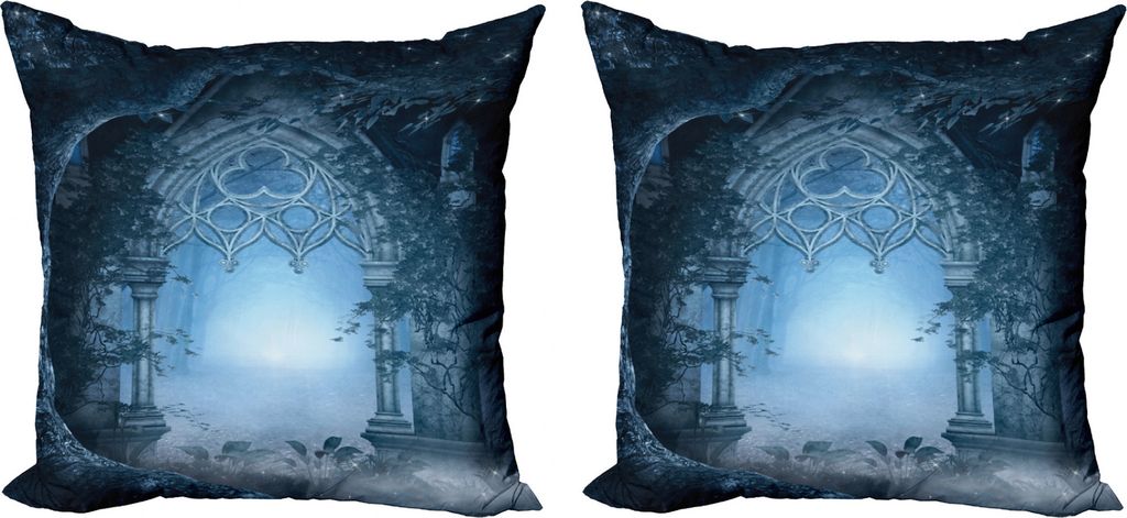 ABAKUHAUS Fantasie Kissenbezug Set (2Stück), Foggy Palace, doppelseitiges Digitaldruckdekor mit Reißverschluss, 50 cm, Marine-Blau und Grau