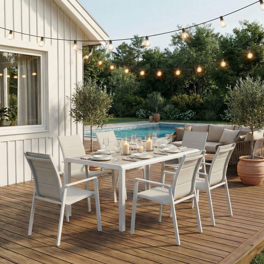 Gartenmöbel Set TRAPANI mit 6 Stühlen, Weiß - Outdoor Essgruppe mit Aluminiumgestell, Gartentisch 160x90 cm wetterfest und pflegeleicht, Sitzgru...