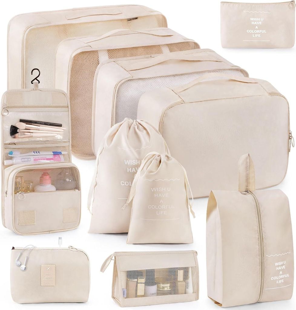 Verpackungswürfel 11 Stück - Gepäckorganisatoren mit Wäschesäcken - Beige Koffer Organizer