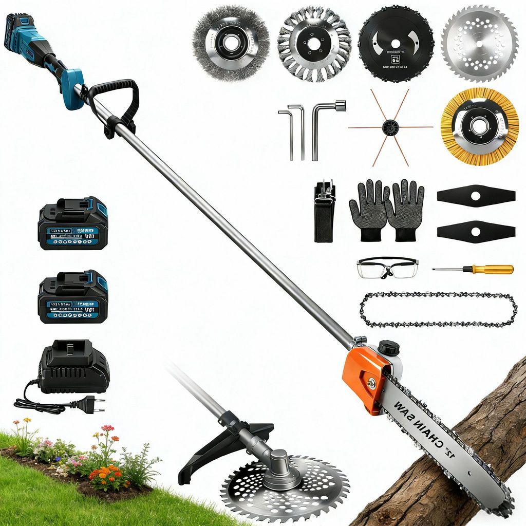 1380W 2-IN-1 Akku Rasentrimmer & Hochentaster (12 Zoll/192CM/165° ) 18800RPM Bürstenloser mit 2x AKKU, 7 Klingentypen, Freischneider für Makita 18V