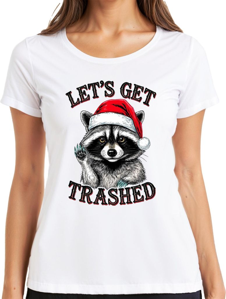 LET'S GET TRASHED Weihnachtswaschbär Weihnachtsmütze Party lustig Damen T-Shirt, Weiß, M