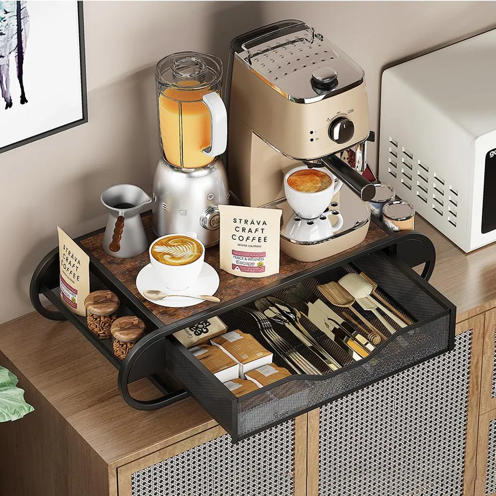 Support machine à café et tiroir de rangement métal pour 60 dosettes