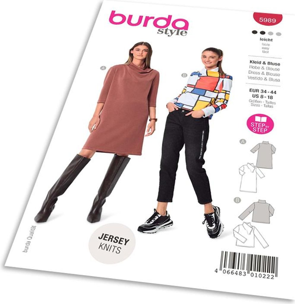 Burda patroon 5989 - T-shirt, jurk met kraag, coltrui Productafbeelding 