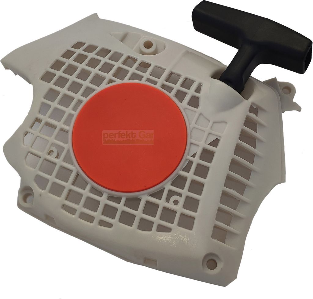 A white plastic starter assembly for a chainsaw with an orange circular insert and a black pull handle.