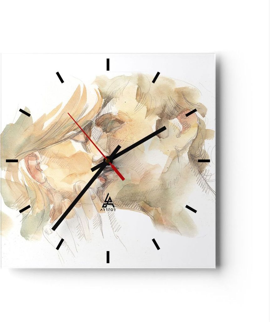 Wanduhr - Quadrat - Glasuhr - Kuss Paar Liebe - 40x40cm - Schleichendes Uhrwerk - Lautlos - zum Aufhängen bereit - Dekoration Modern - Wanddekorat...