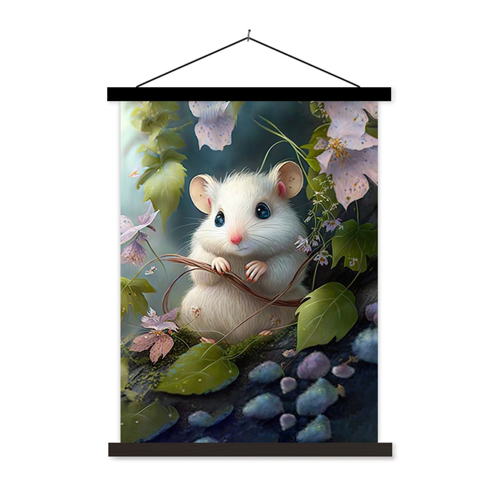 MuchoWow Textilposter Maus - Wald - Blumen - Illustration - Waldtiere 60x80 cm mit schwarzem Rahmen - Plakathalter