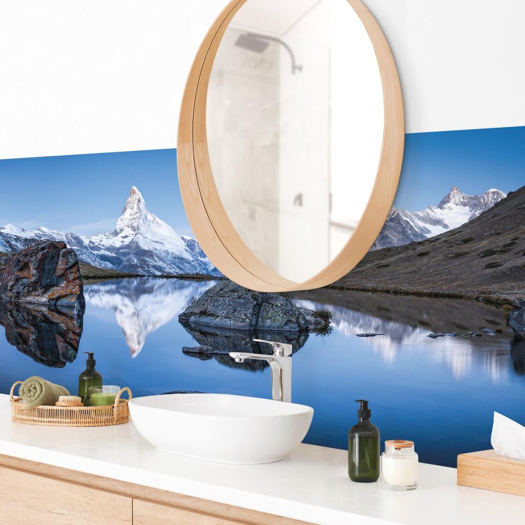 Wandverkleidung Bad Natur selbstklebend - 0.61 mm Wandpaneel matt wasserfest Schweiz blau Motiv Badrückwand fugenlos 210x60 cm