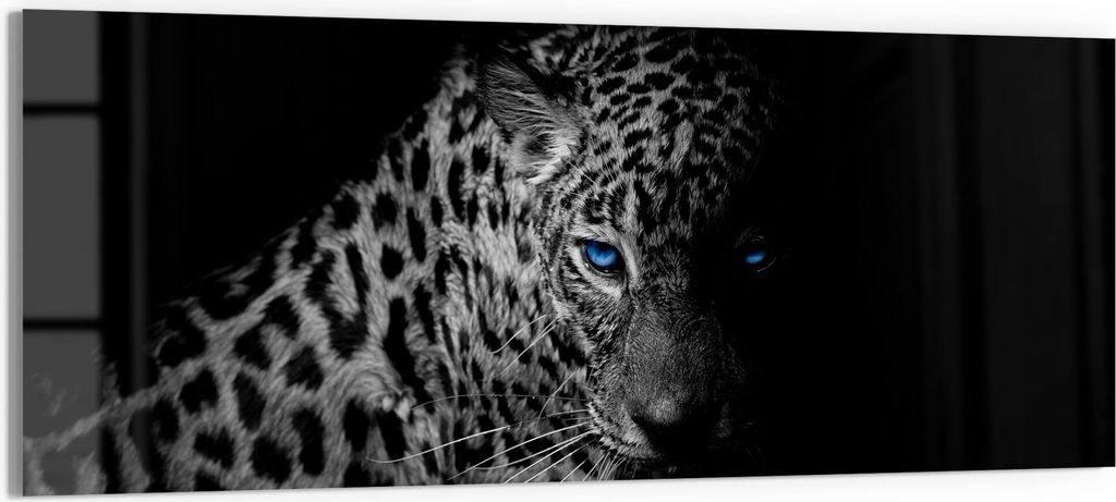 DEQORI Glasbild Echtglas 125x50 cm 'Leopard mit blauen Augen' Wandbild Bild modern Deko